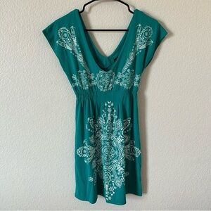 La Class Deep V Neck,Teal Boho, Floral, Flowy, Sleeveless Dress with White Print